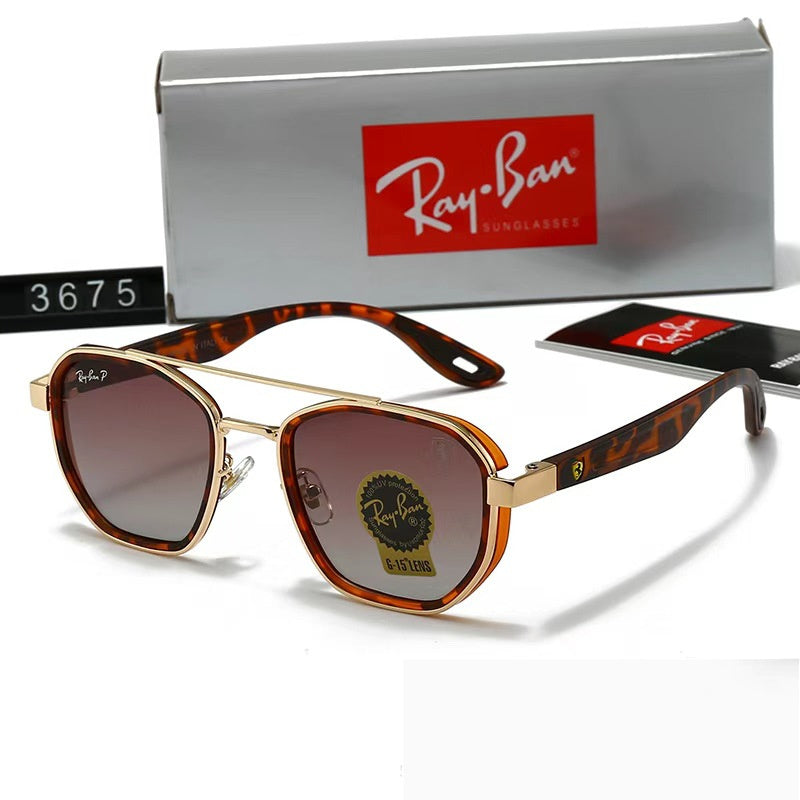 Ray-Ban sunglasses with tortoiseshell frame and gold accents, displayed with packaging.