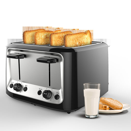 Toaster with four slices of toast, a glass of milk, and a plate of waffles on a white background