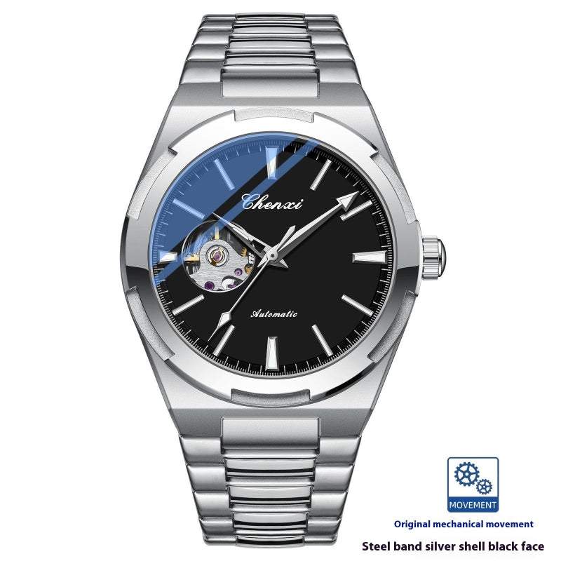 Silver wristwatch with black face and blue accents on a white background