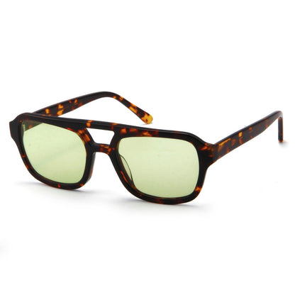 Tortoiseshell cat-eye sunglasses with light green lenses and slim metal tips