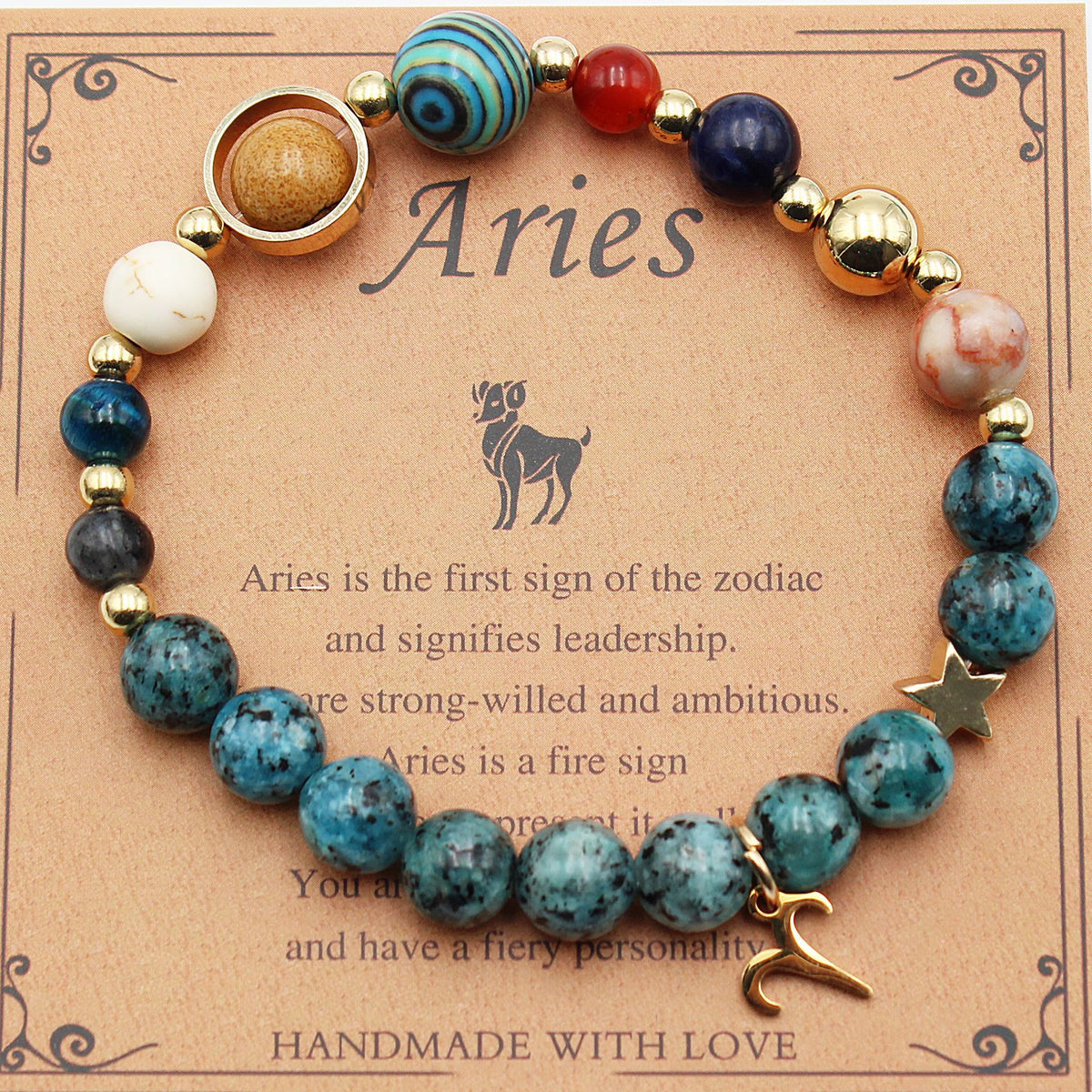 Zodiac bracelet with blue, teal, and red stone beads, gold-tone accents, and Aries charm