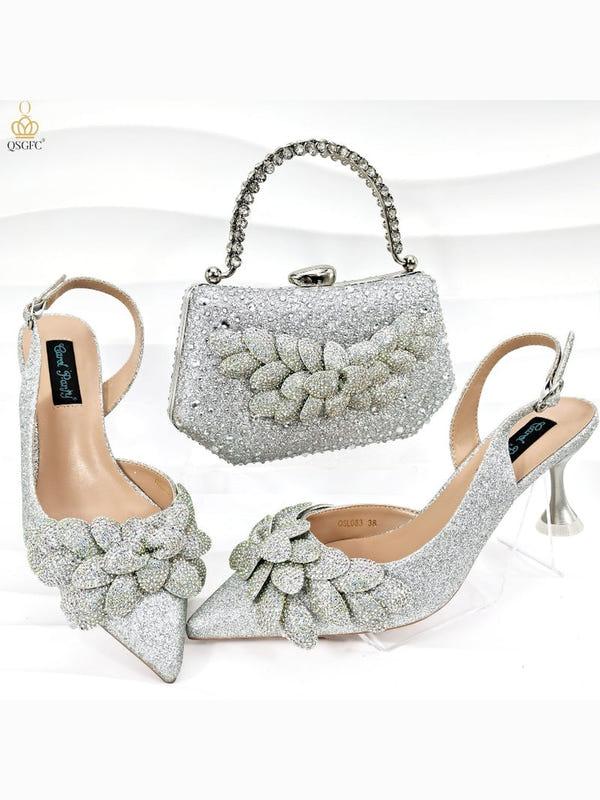 Silver rhinestone heeled shoes with matching beaded handbag and large bow flower details
