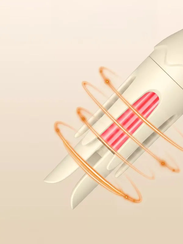 Beige curling iron with rotating hot rollers and orange heat rings