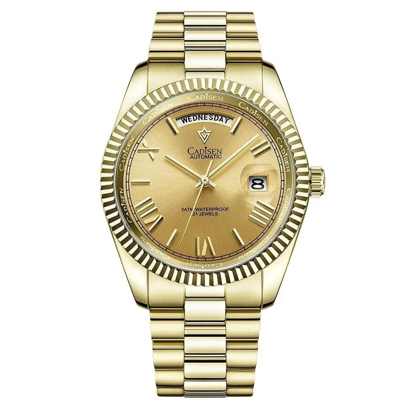 Men’s automatic mechanical watch in gold tone with champagne dial and metal link bracelet