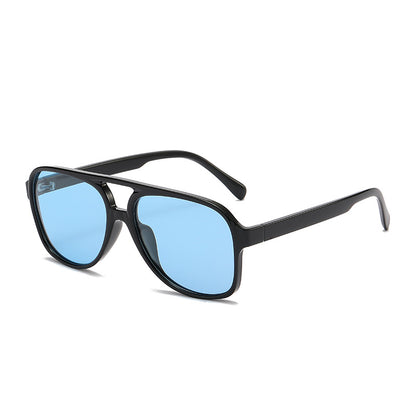 Black-framed sunglasses with blue lenses on a white background