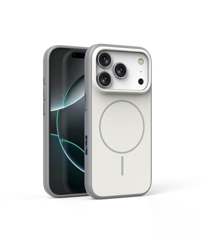 White phone case with circular button detail and raised camera cover