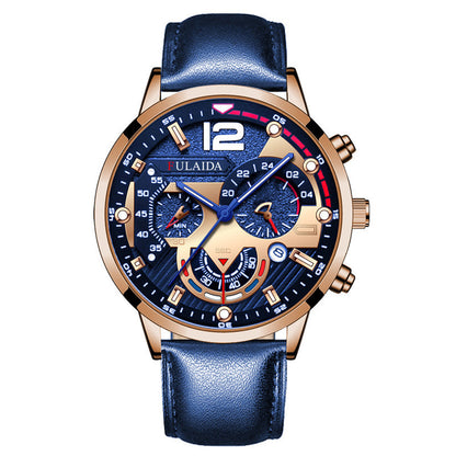 Blue watch with a detailed face on a white background