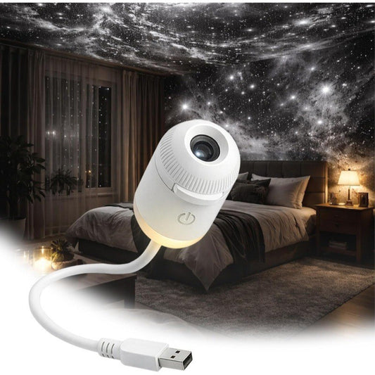 White starry sky projector night light projecting stars above the bed