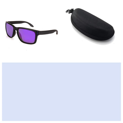 Sunglasses with purple lenses and black frame, accompanied by a black case on a white background.
