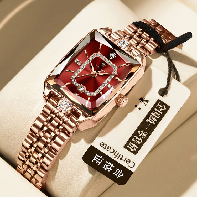 Women's waterproof quartz watch with rose-gold metal bracelet and red jeweled square dial