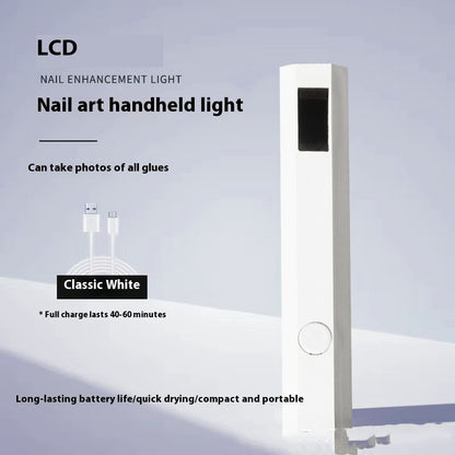 Nail art handheld light with features listed on a gray background