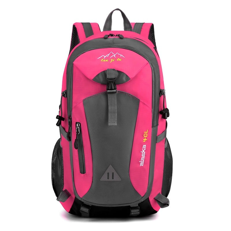 Pink and gray backpack with visible branding on a white background
