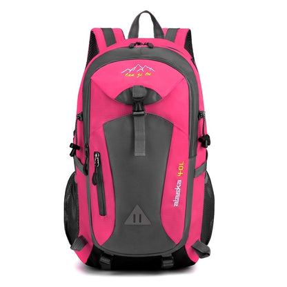 Pink and gray backpack with visible branding on a white background