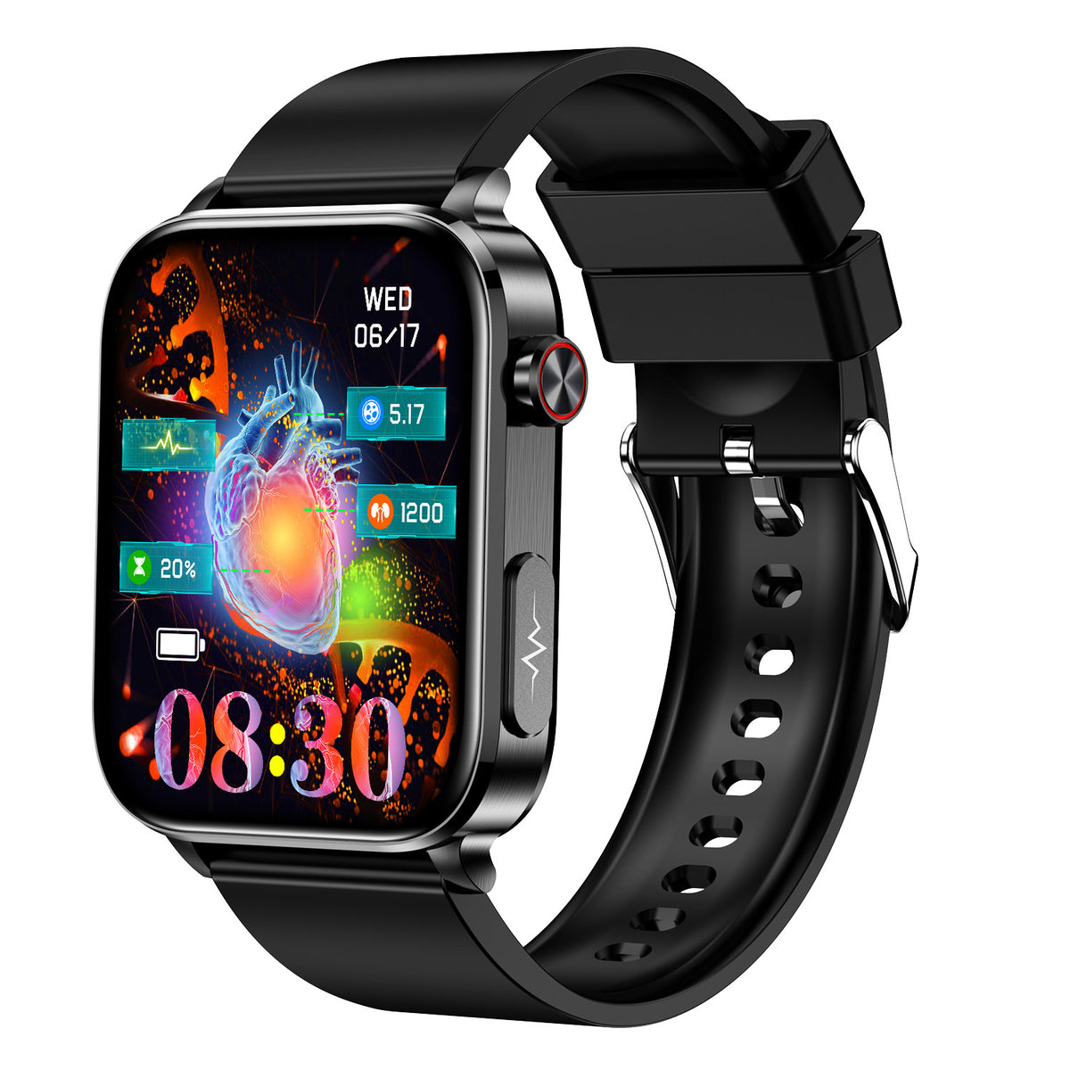 Bluetooth calling smart watch with black silicone strap, colorful heart health watch face