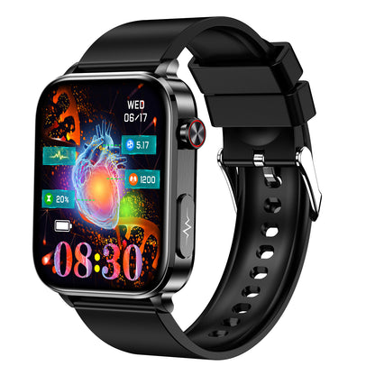 Bluetooth calling smart watch with black silicone strap, colorful heart health watch face