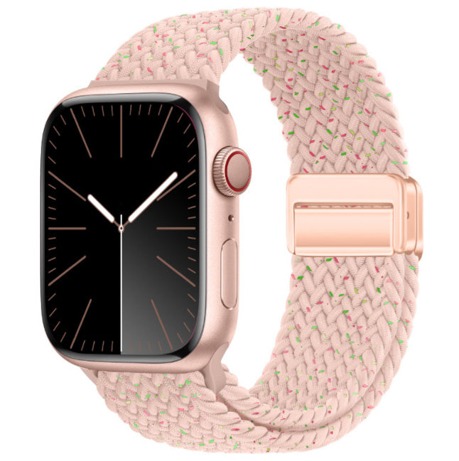 Smartwatch with a pink woven band on a white background