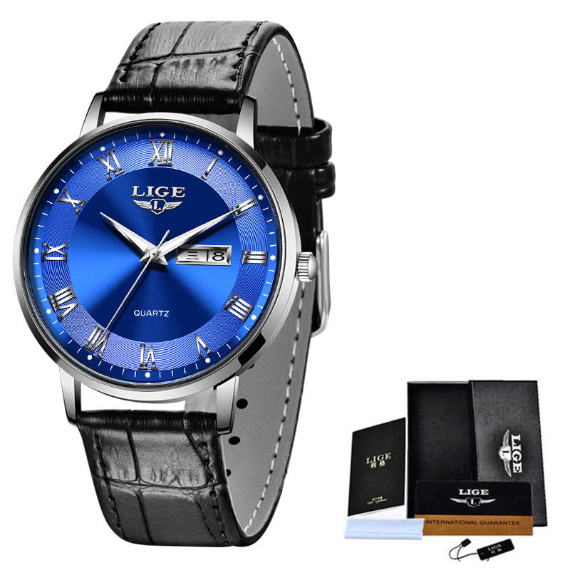 Blue-laced wristwatch with black leather strap and LIGE branding, including packaging on a white background.