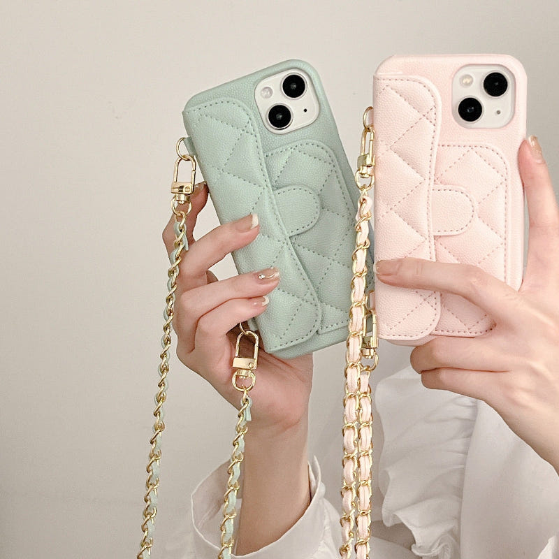 Quilted phone crossbody case with gold chain strap, mint and blush pink