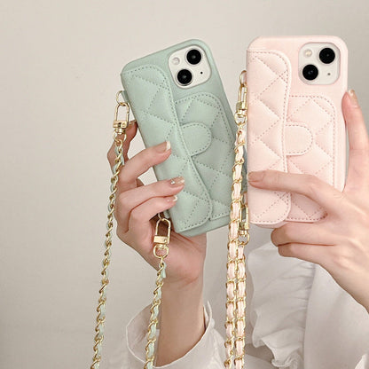 Quilted phone crossbody case with gold chain strap, mint and blush pink