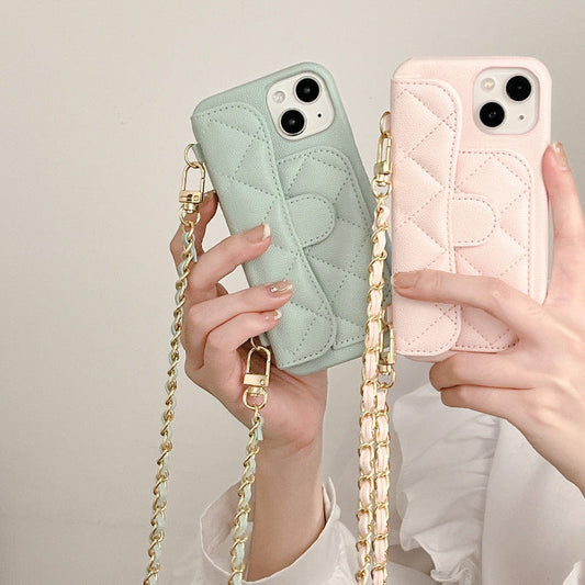Quilted phone crossbody case with gold chain strap, mint and blush pink