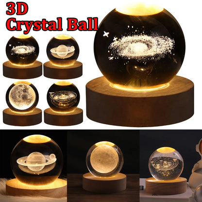 3D crystal ball LED night lamp with starry glow and round solid wood base