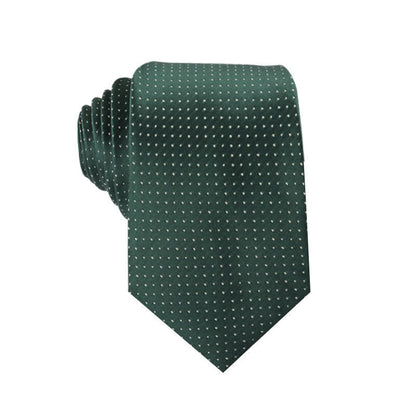 Green tie with white polka dots on a white background