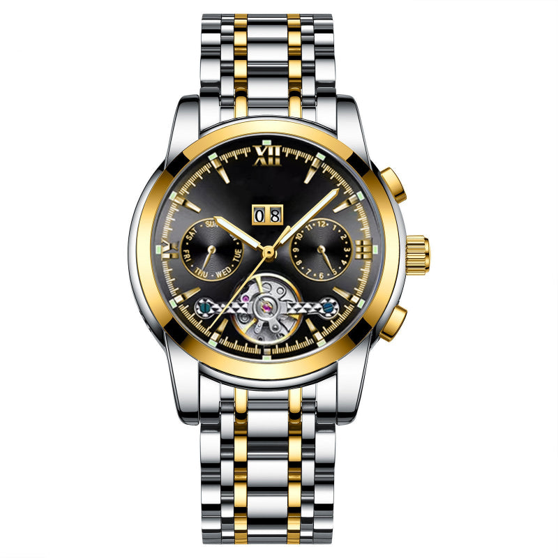Two-tone gold and silver mechanical wristwatch with black dial and metal bracelet