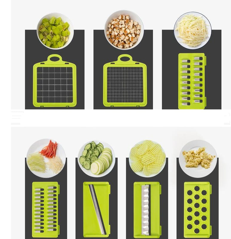 7-in-1 vegetable cutter blade options, green and yellow cutting insert set
