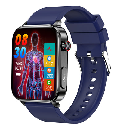 Bluetooth calling smart watch with navy silicone strap and health-themed watch face