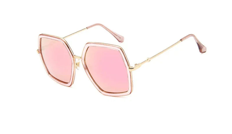 Oversized square fashion sunglasses with pink lenses and light rose frames.