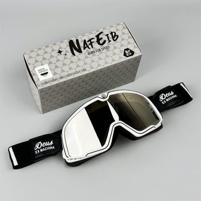 Goggles with 'Deus Ex Machina' branding on a gray background