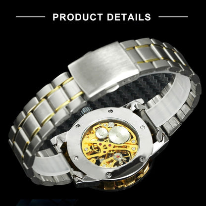 Silver and gold watch with mechanical components on a black background
