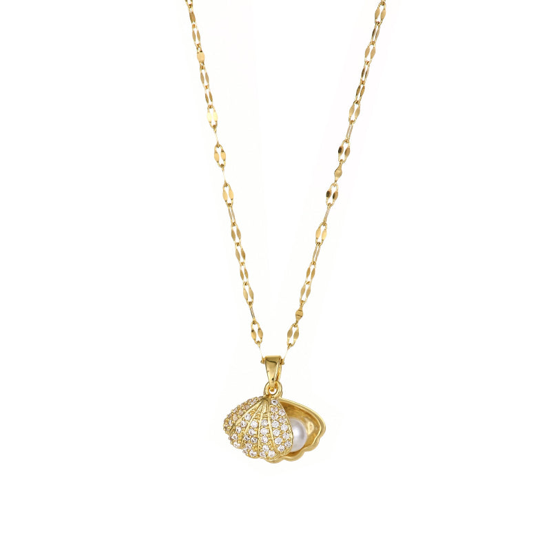 Women's Gold necklace with a shell pendant on a white background