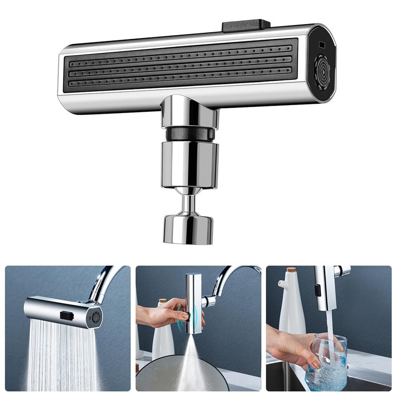 Chrome kitchen faucet with multiple spray heads on a white background