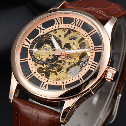Luxury watch with rose gold case and brown leather strap on a dark background
