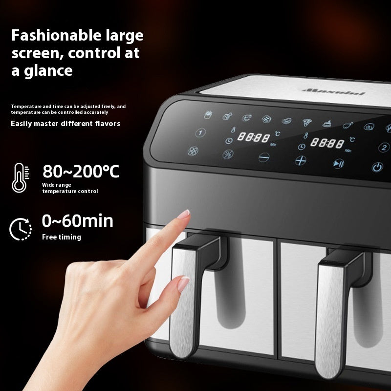 Digital air fryer with large screen and control panel, hand interacting with the device.