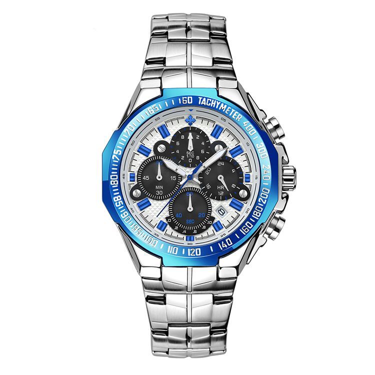 Steel-strap quartz watch with silver-tone dial, black subdials and blue bezel