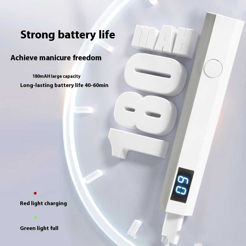Portable nail dryer with digital display and text highlighting battery life and features.