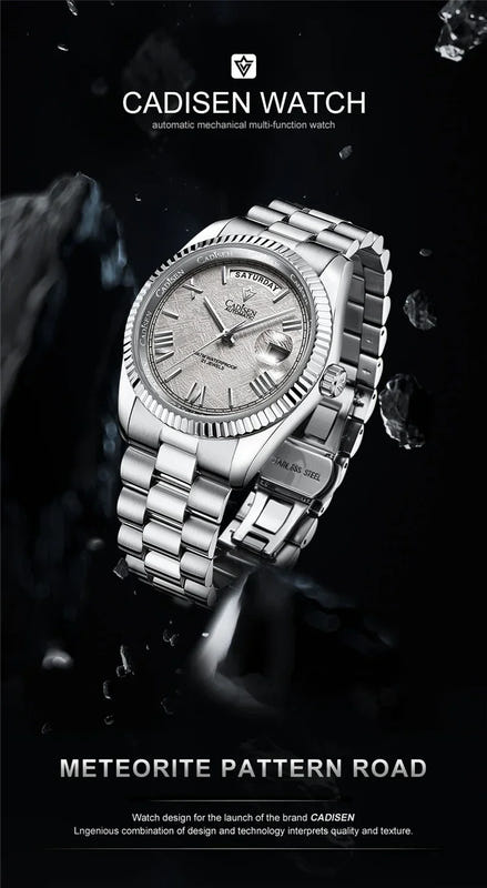 Men’s automatic mechanical watch with silver case, silver dial, and metal link bracelet