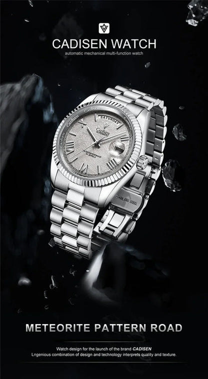 Men’s automatic mechanical watch with silver case, silver dial, and metal link bracelet