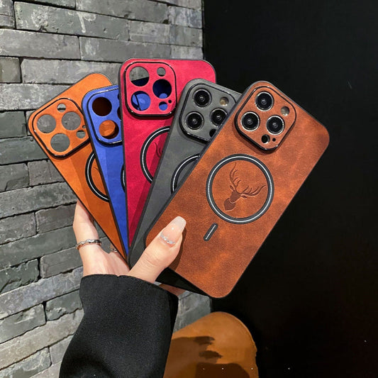 Phone case set: blue, red, orange, gray, and dark brown with deer emblem and lens-ring
