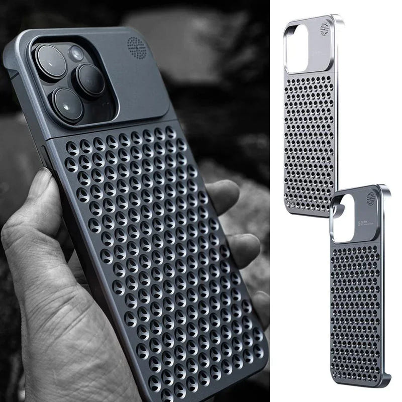 Gray aluminum phone case with perforated back, camera cutouts, and raised edges