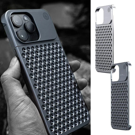Gray aluminum phone case with perforated back, camera cutouts, and raised edges