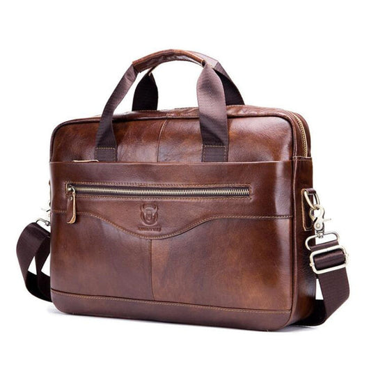 Brown leather briefcase with top handle, front zip pocket, and adjustable shoulder strap