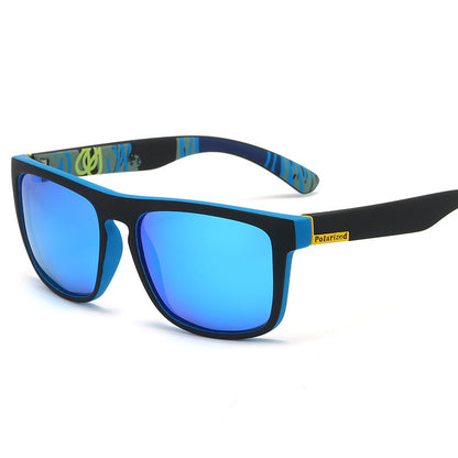 Sunglasses with blue lenses and black frame on a white background
