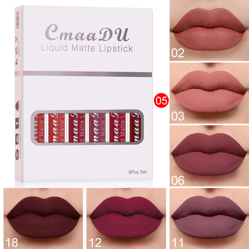 CmaaDu liquid matte lipstick set box with lip shade swatches in peach, pink, wine