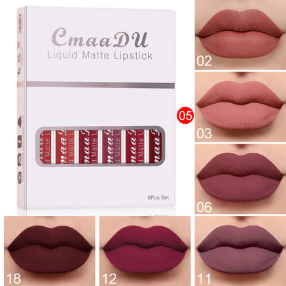 CmaaDu liquid matte lipstick set box with lip shade swatches in peach, pink, wine