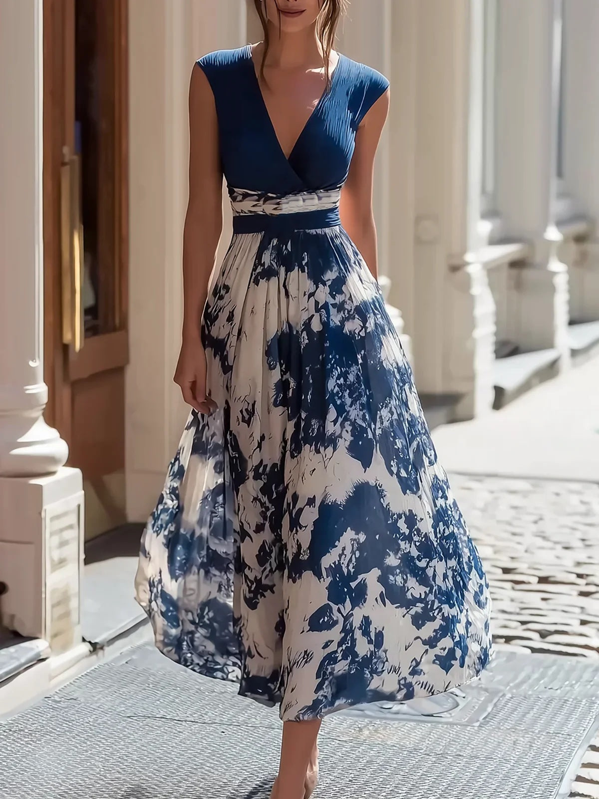Woman wearing a blue and white floral dress standing on a street.