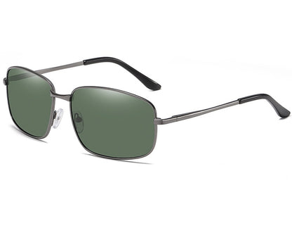Sunglasses with green lenses and black frames on a white background