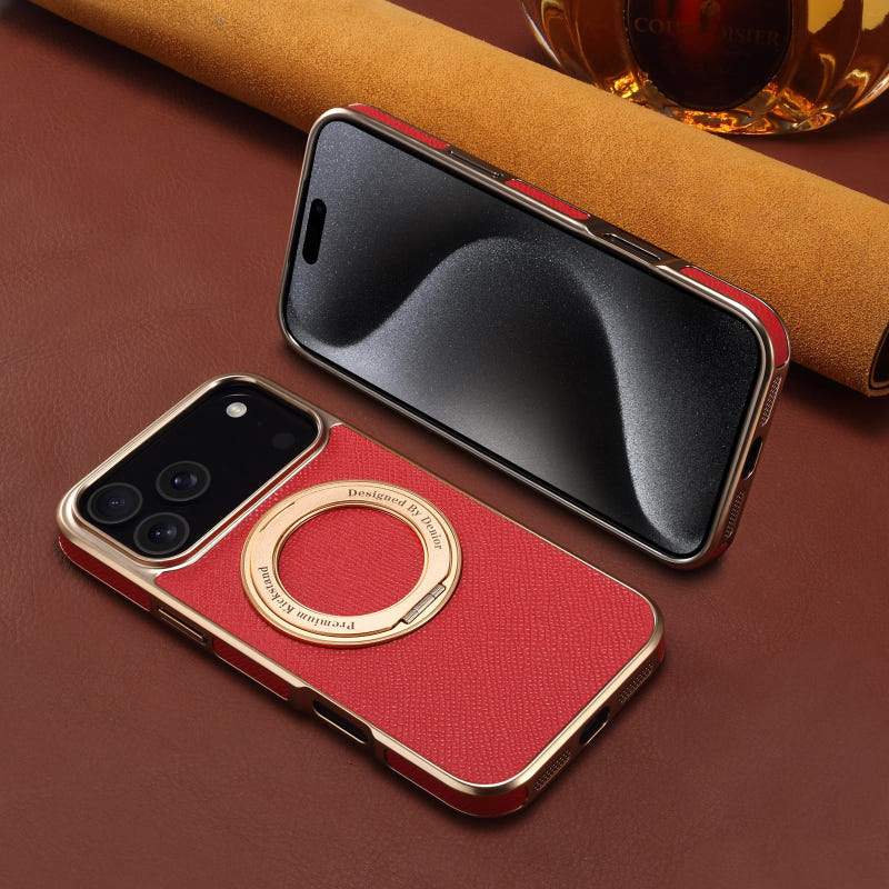 Red genuine leather iPhone case with electroplated frame and magnetic ring, triple camera cutout
